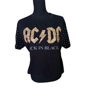 AC⚡️DC Black & Leopard Print Short Sleeved Cropped T-Shirt Back in Black Bedazzl